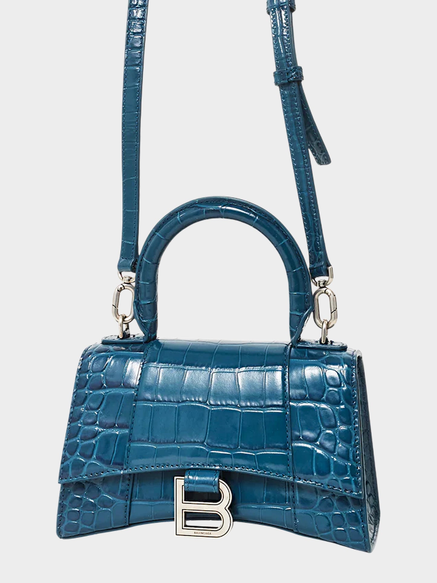 Balenciaga 2022 Deep Teal Croc-embossed Leather XS Hourglass Bag