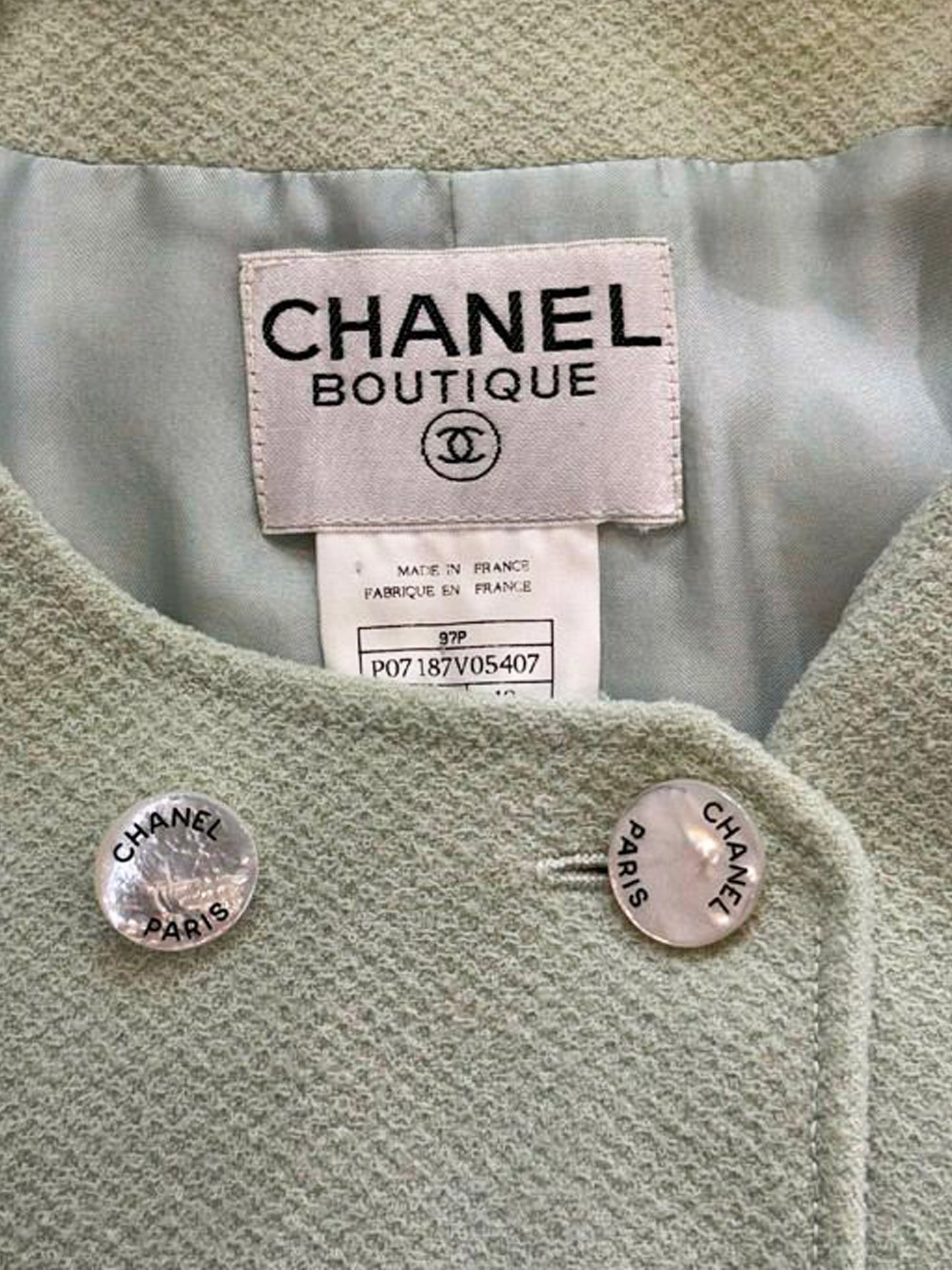 Chanel 1990s Light Sage Wool Mother of Pearl Buttons Jacket