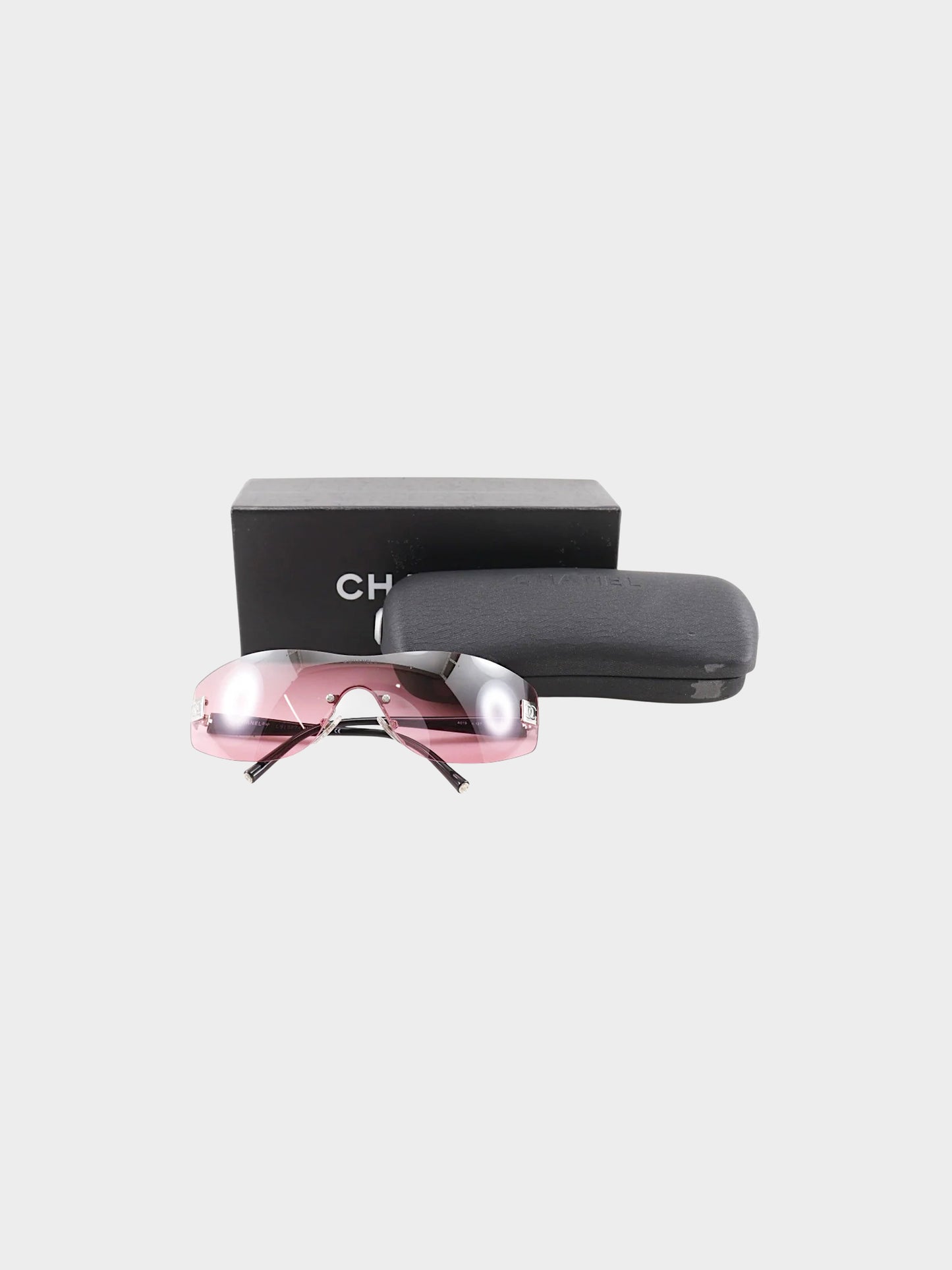 Chanel 2000s Pink Monolens Rimless Rectangle CC Sunglasses