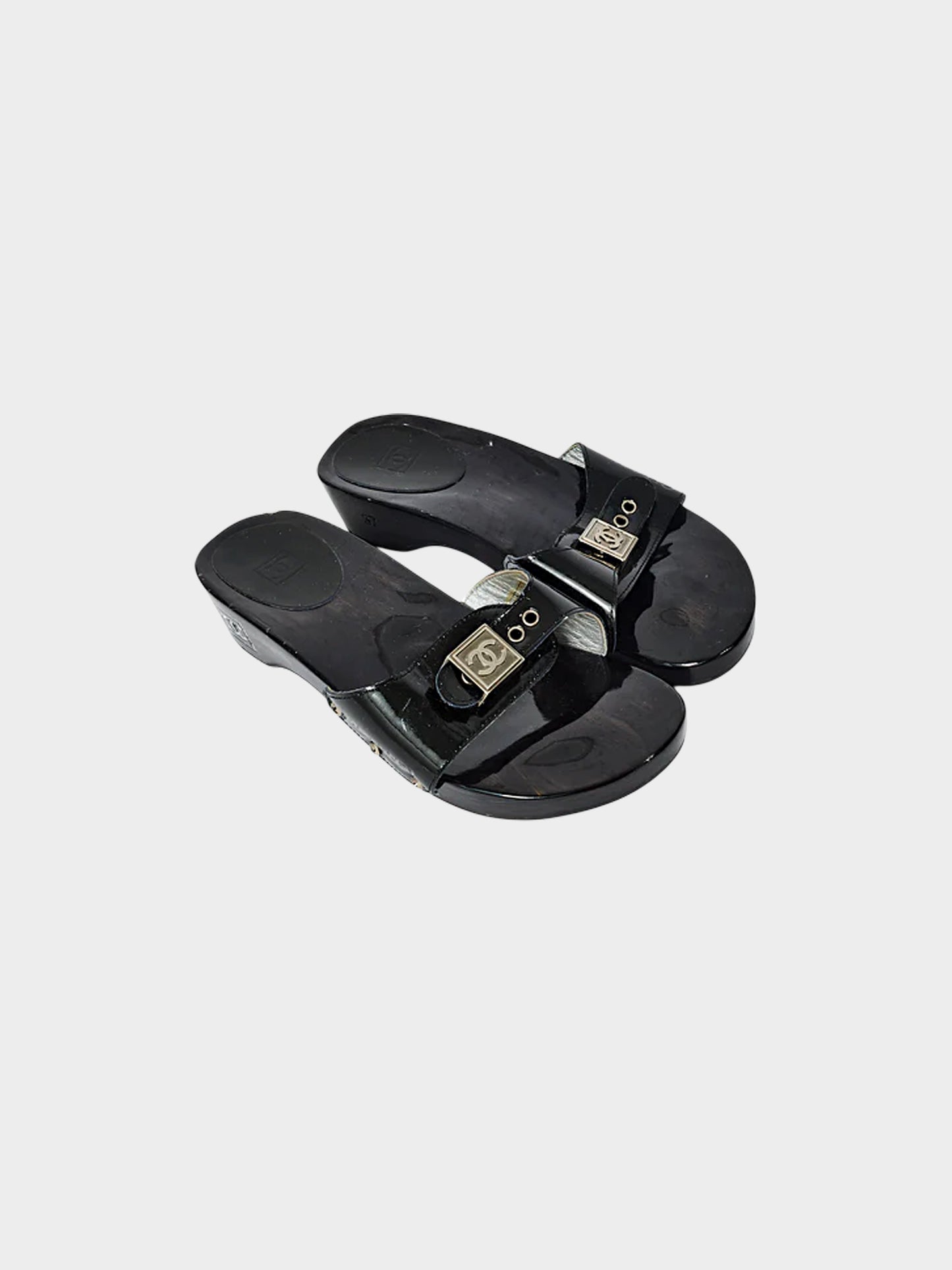 Chanel 2004 Black Patent Leather and Lacquered Wood Clogs