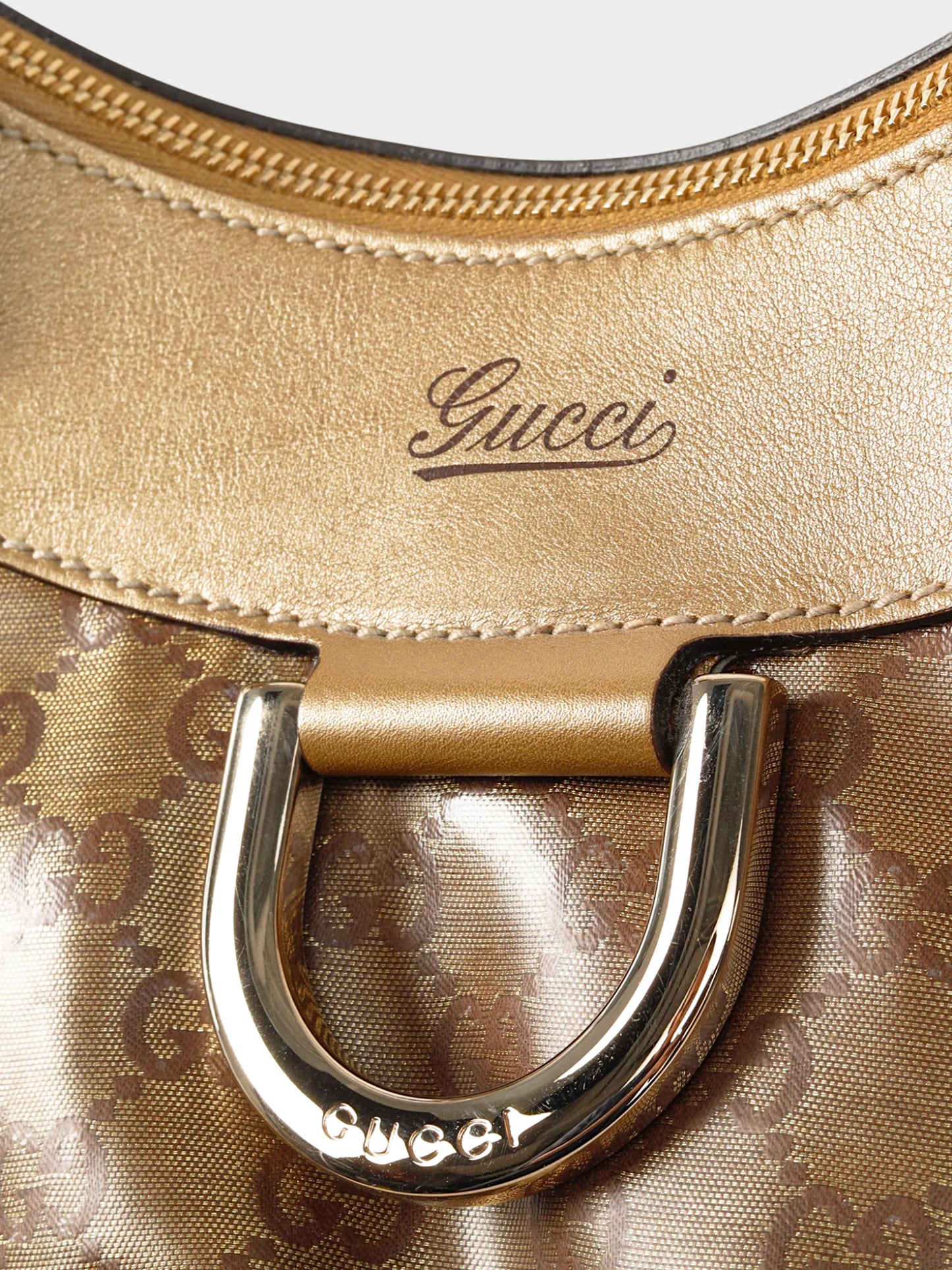 Gucci 2000s Gold Metallic Leather and Brown GG Crystal Canvas D-ring Bag