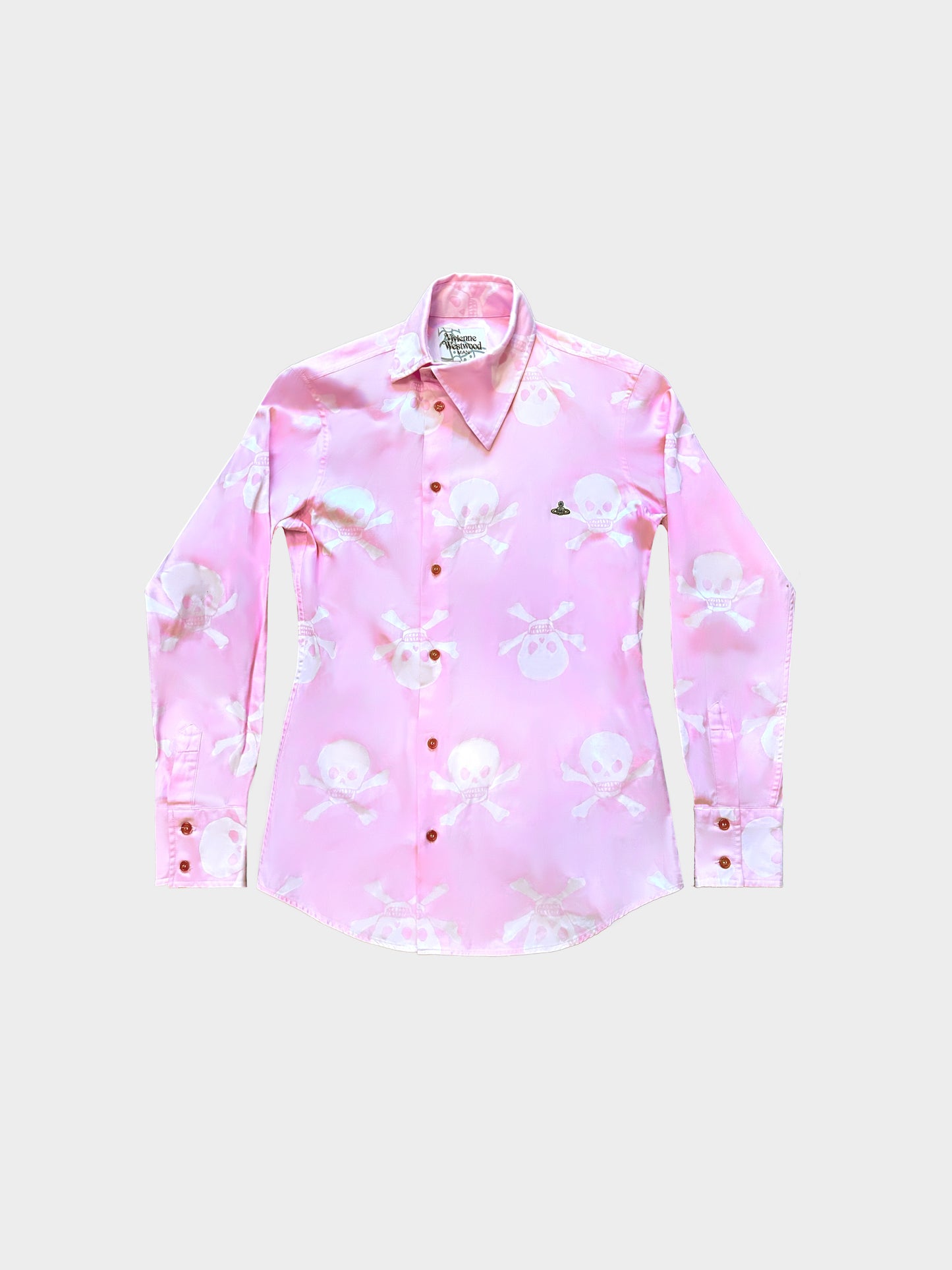 Vivienne Westwood 1990s Mens Pink Skull Print Asymmetrical Collar Orb Shirt