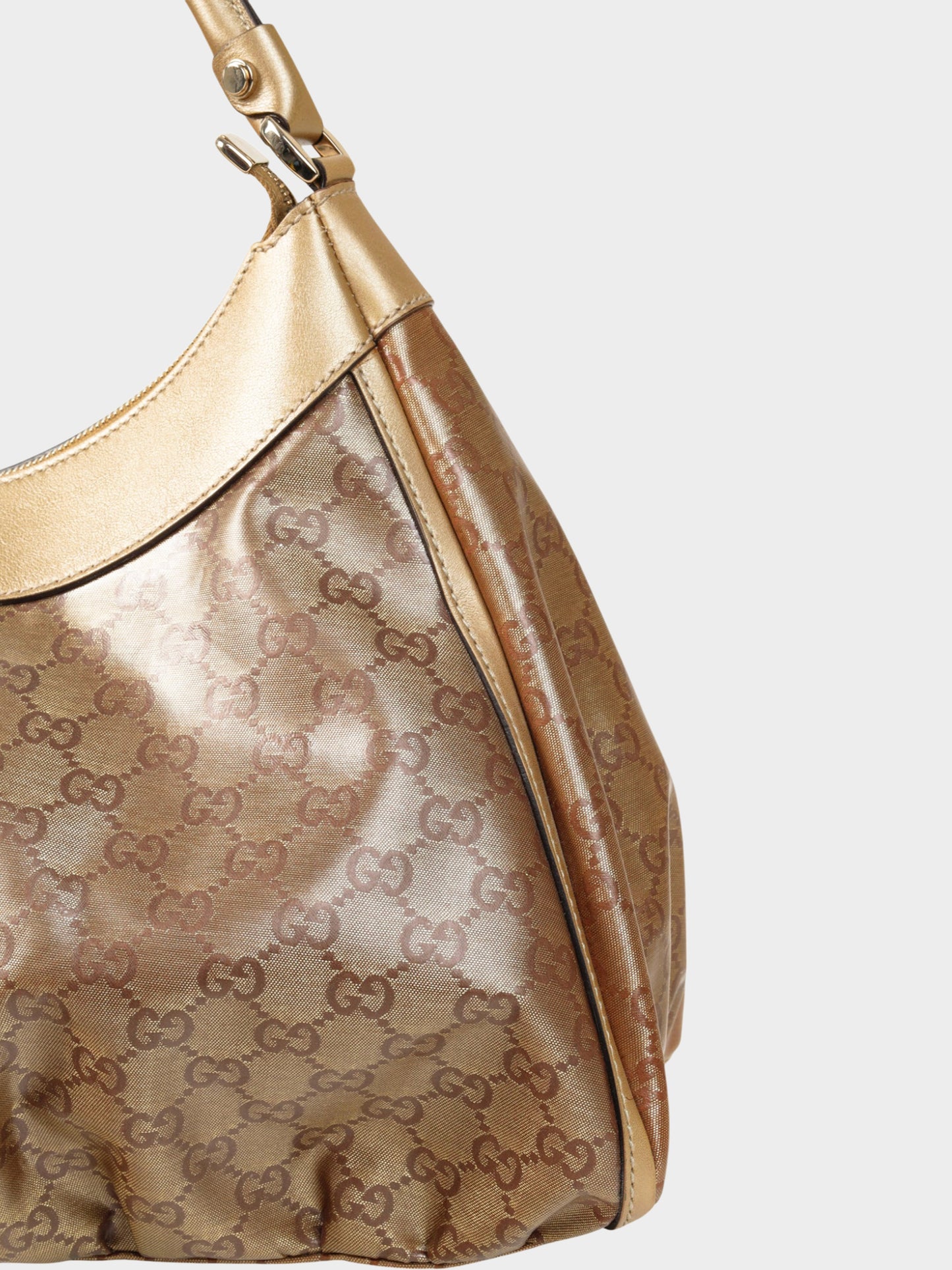 Gucci 2000s Gold Metallic Leather and Brown GG Crystal Canvas D-ring Bag