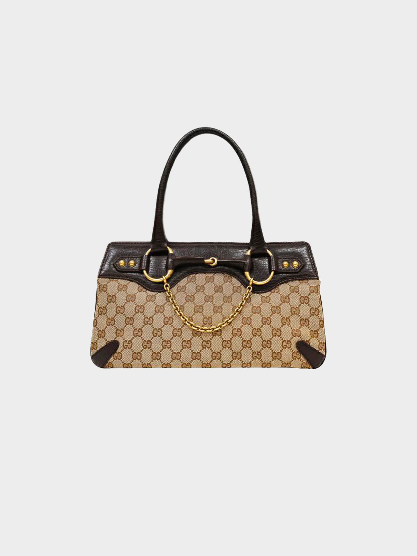 Gucci 2000s Dark Brown Leather and GG Monogram Canvas Horsebit 1955 Handbag