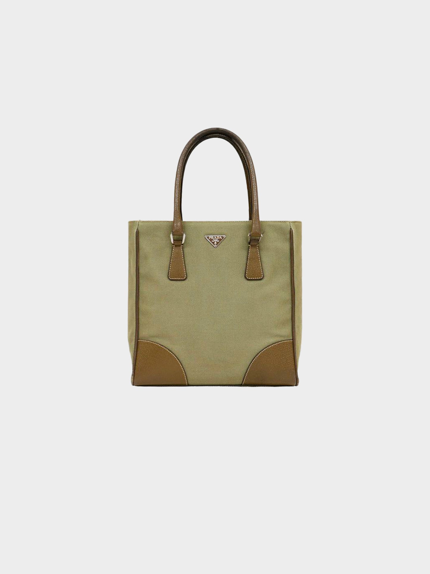 Prada 2000s Khaki Canvas and Leather Logo Tote Bag