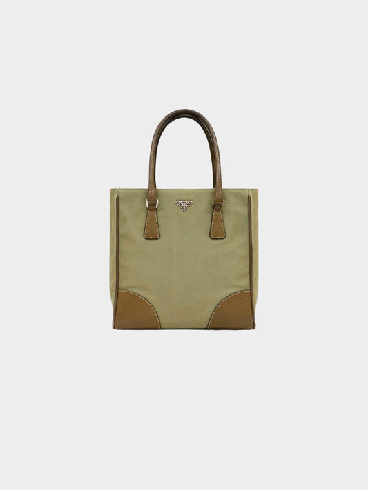 Prada 2000s Khaki Canvas and Leather Logo Tote Bag