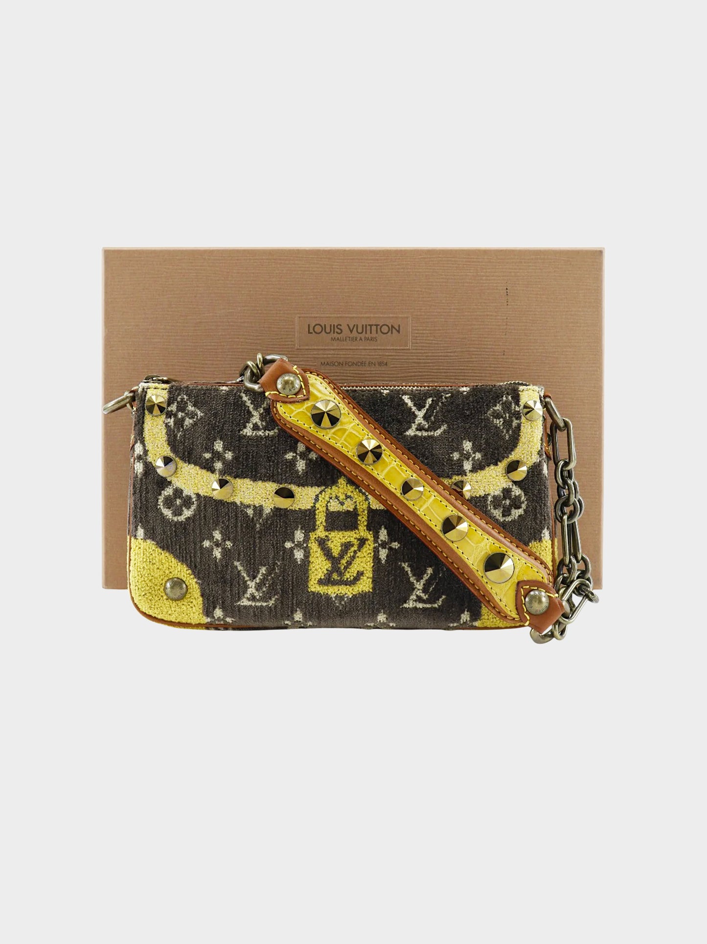 Louis Vuitton FW 2004 Rare Brown Velvet and Yellow Alligator Leather Trompe L'oeil Pochette Bag