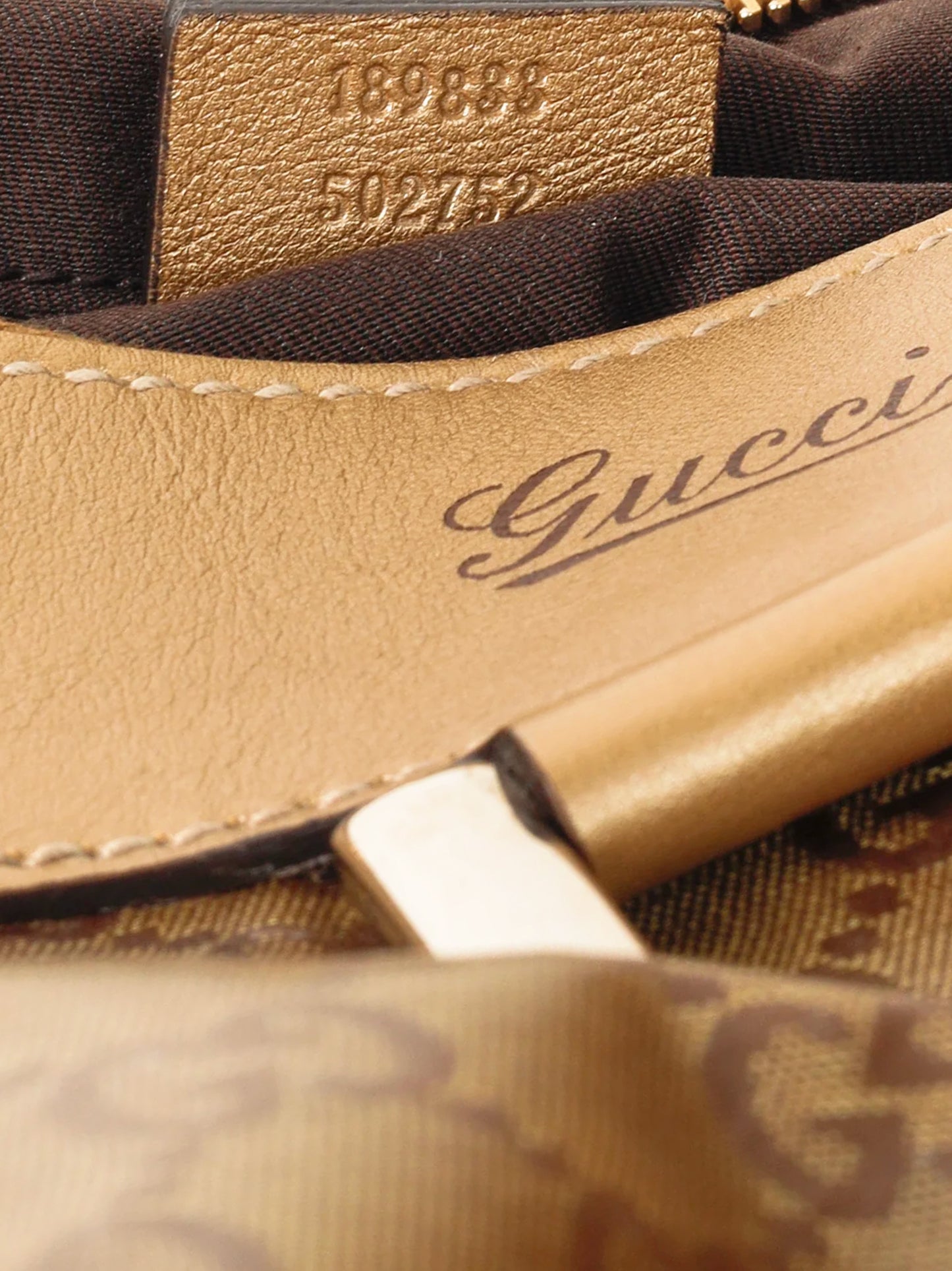 Gucci 2000s Gold Metallic Leather and Brown GG Crystal Canvas D-ring Bag