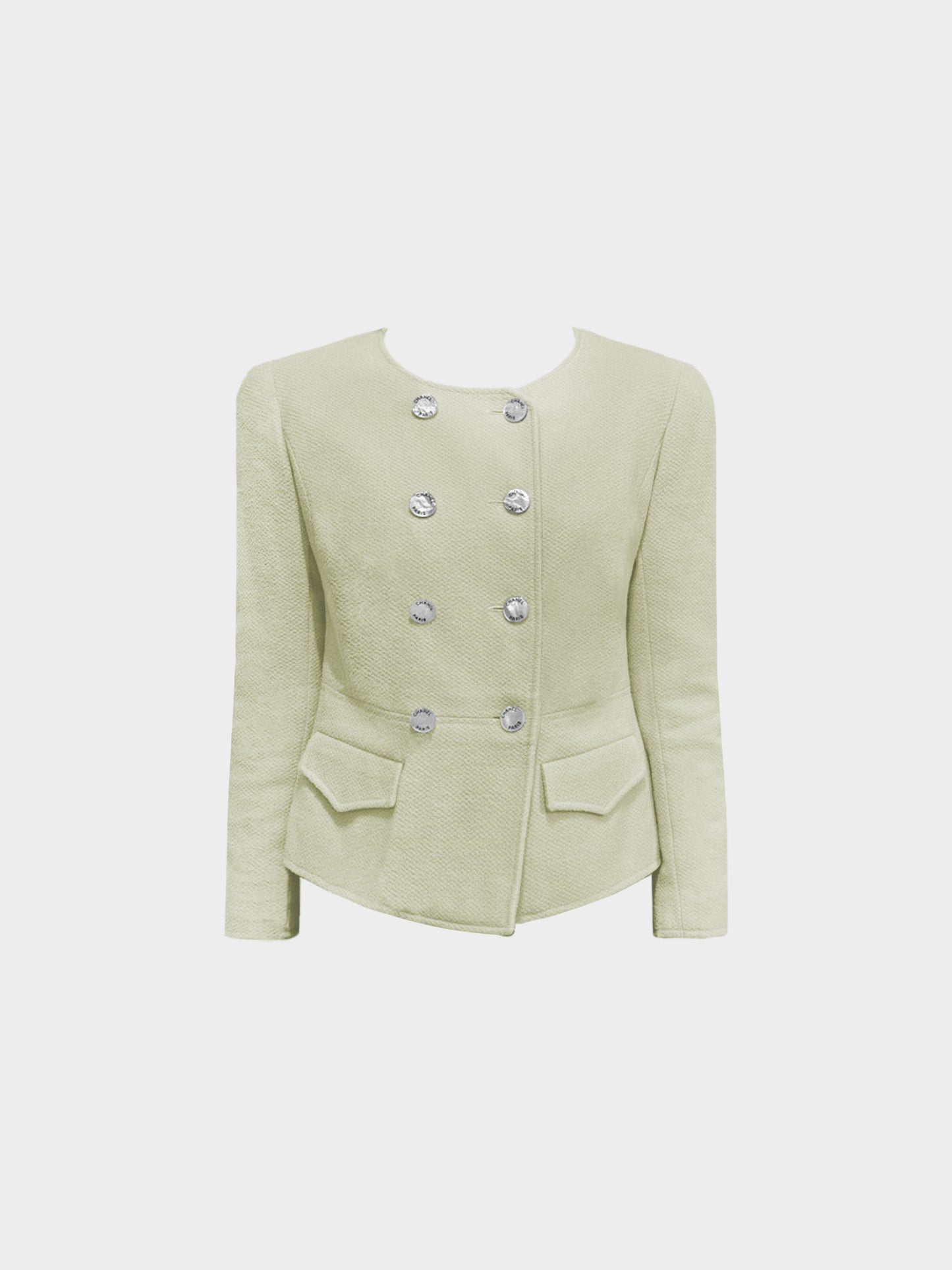 Chanel 1990s Light Sage Wool Mother of Pearl Buttons Jacket