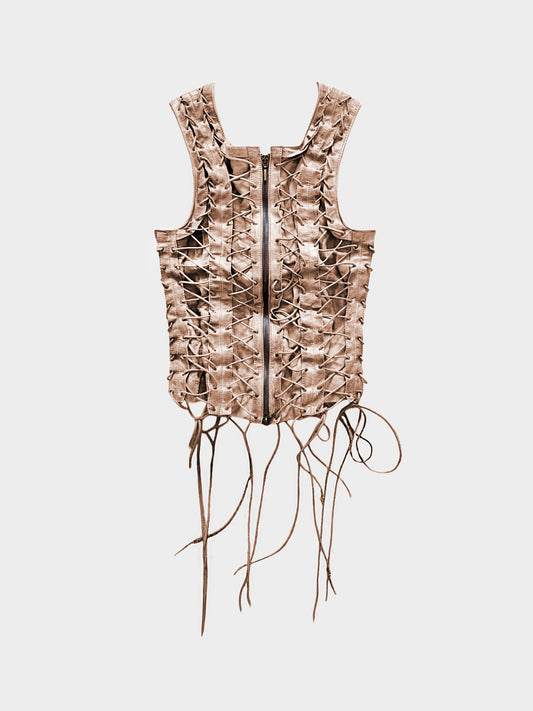 Plein Sud AW 2002 Brown Leather Lace-Up Cage Top