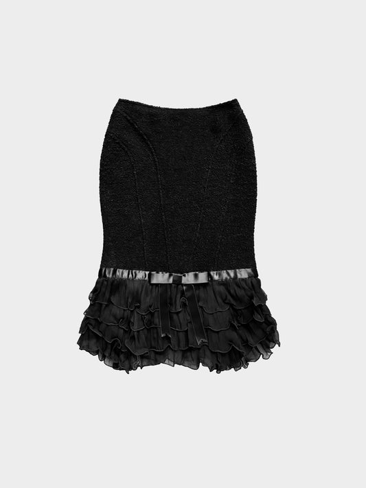 Blumarine 2000s Black Wool Bow and Ruffled Sheer Hem Pencil Skirt