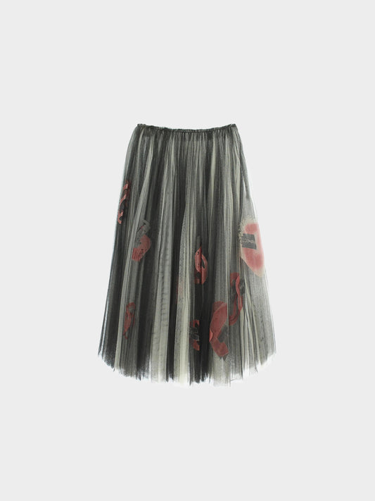 Comme des Garçons AW 2000 Black Razor Graphic Tulle Overlay Flared Skirt