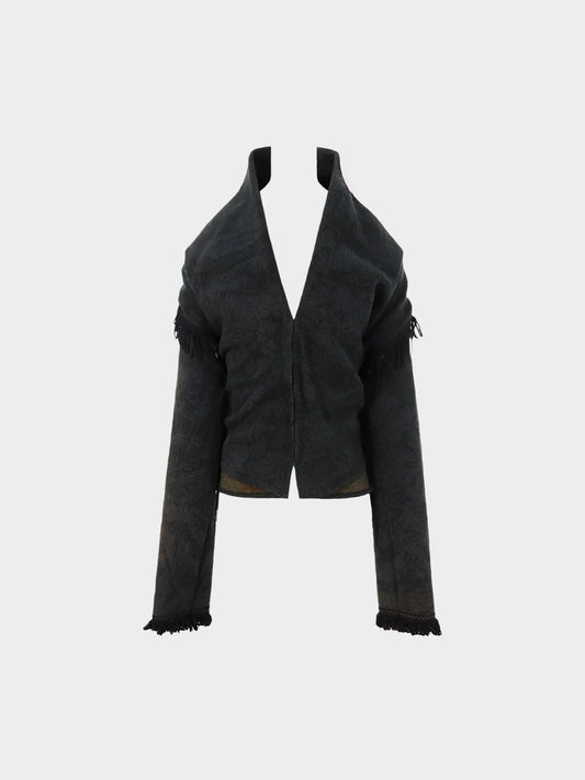Maison Martin Margiela AW 2004 Black Jacquard Oversized Shawl Collar Fringed Jacket