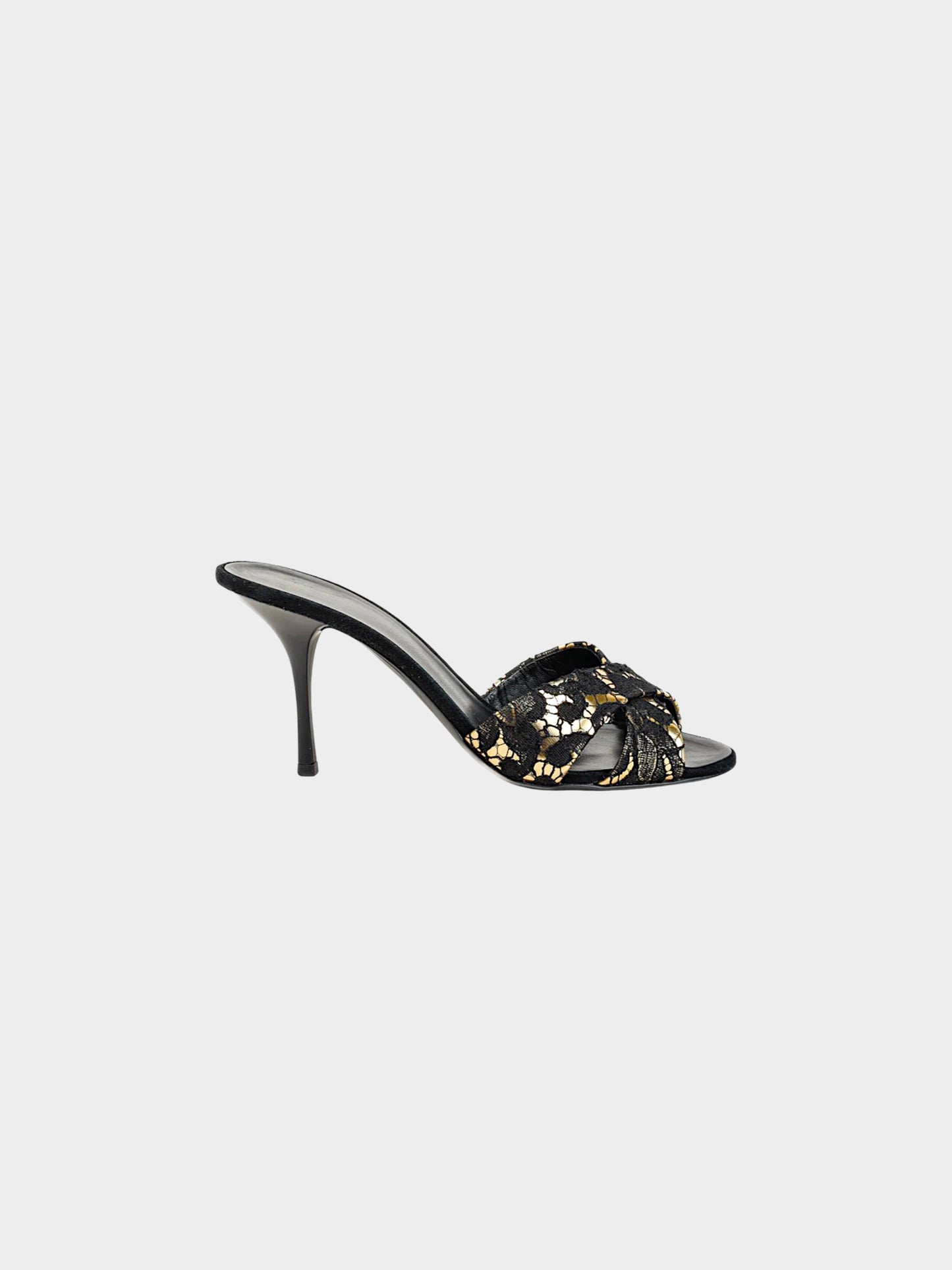 Giuseppe Zanotti 2010s Black Lace and Gold Metallic Leather Heels