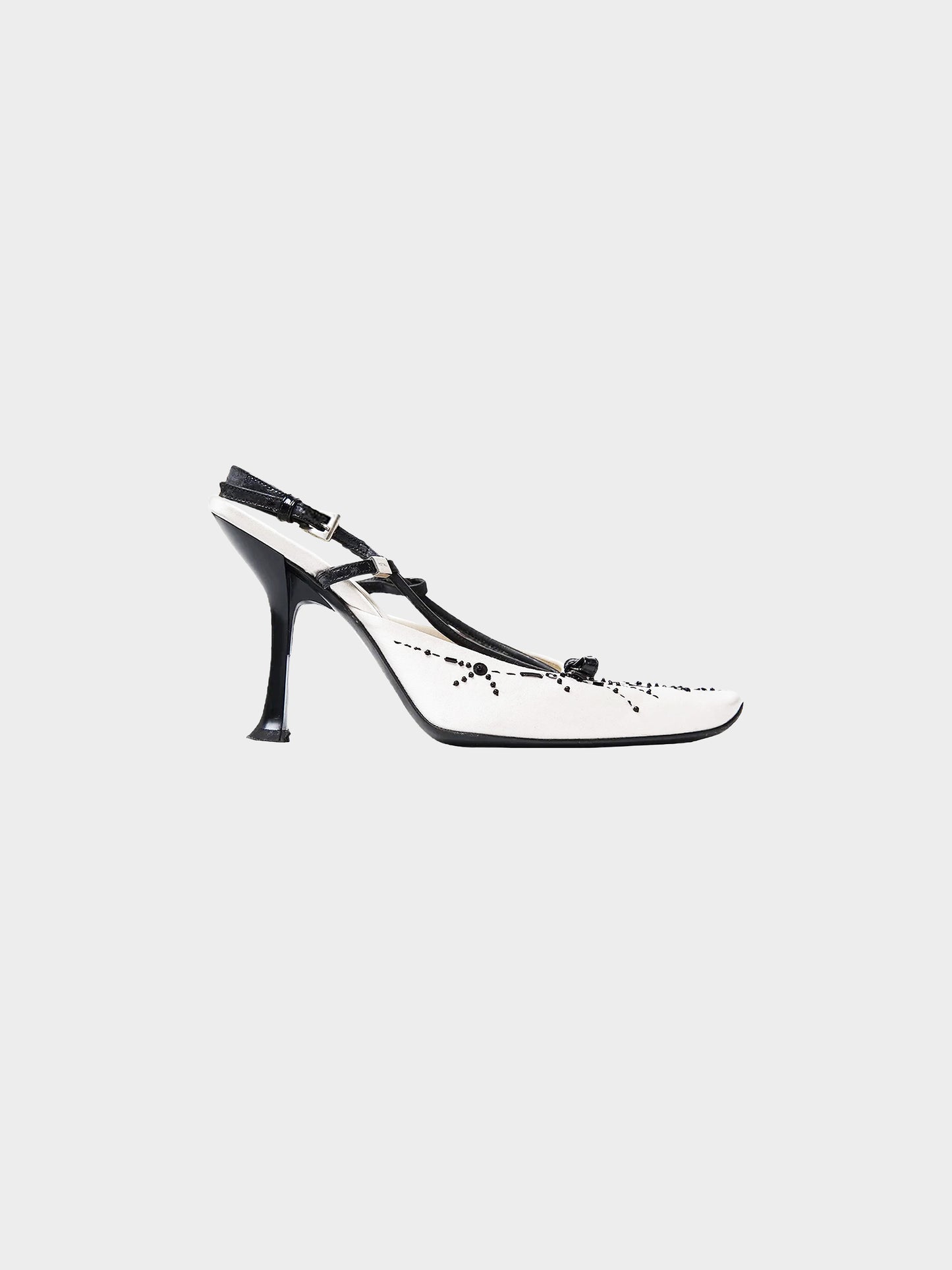 Prada SS 2000 Grey Beading and Bow Embellished Satin Heels