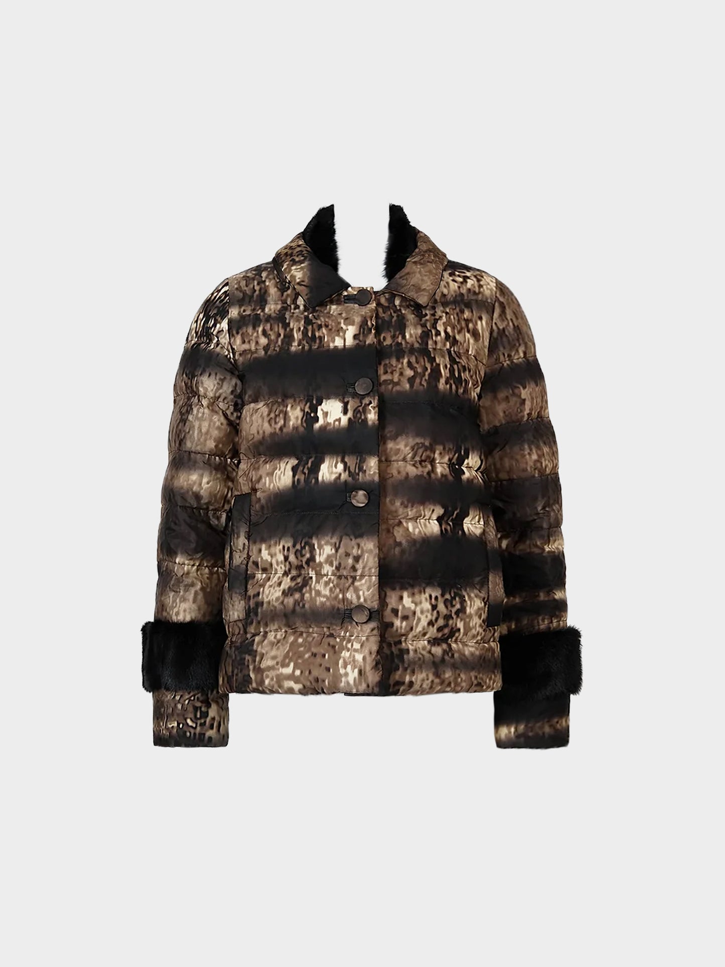 Prada FW 2004 Printed Puffer Mink Fur Trim Padded Nylon Jacket