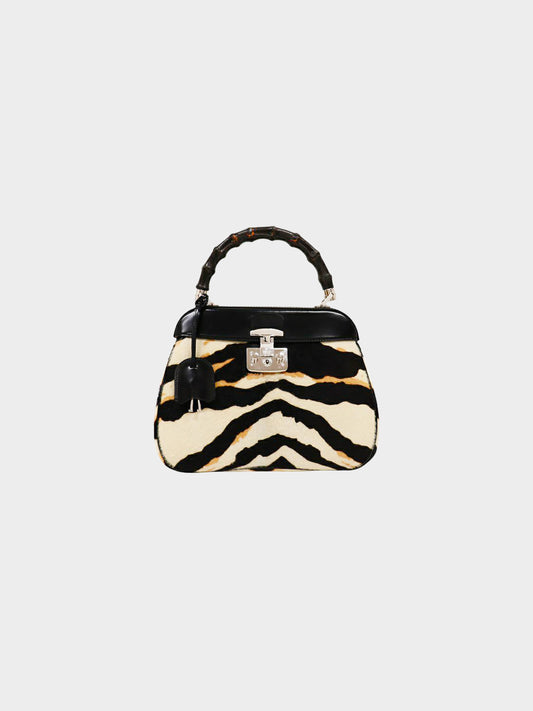Gucci 2000s Zebra Print Calf Hair and Bamboo Lady Lock Bag