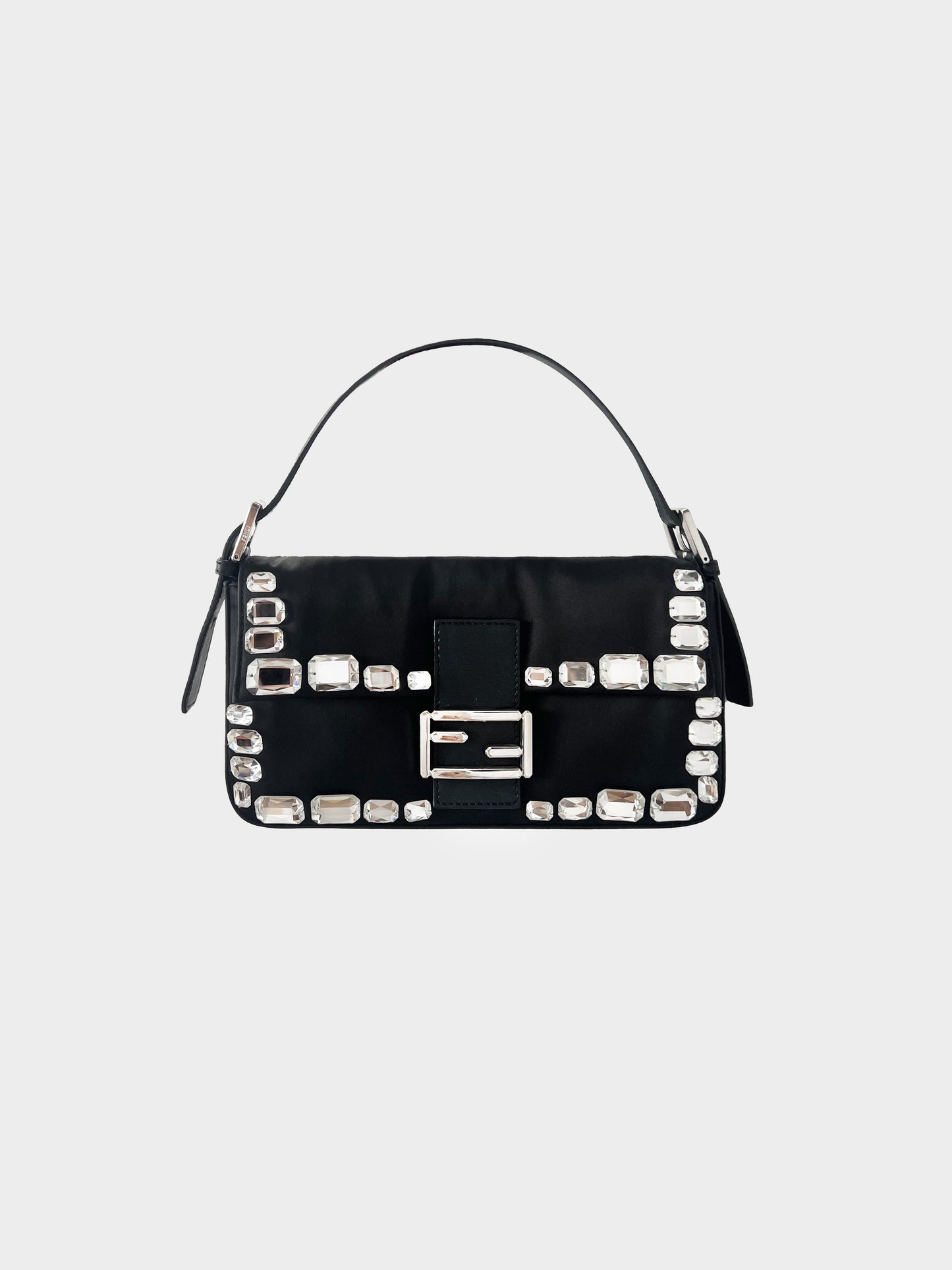 Fendi 2000s Rare Black Satin Emerald-cut Crystal Embellished Baguette Bag