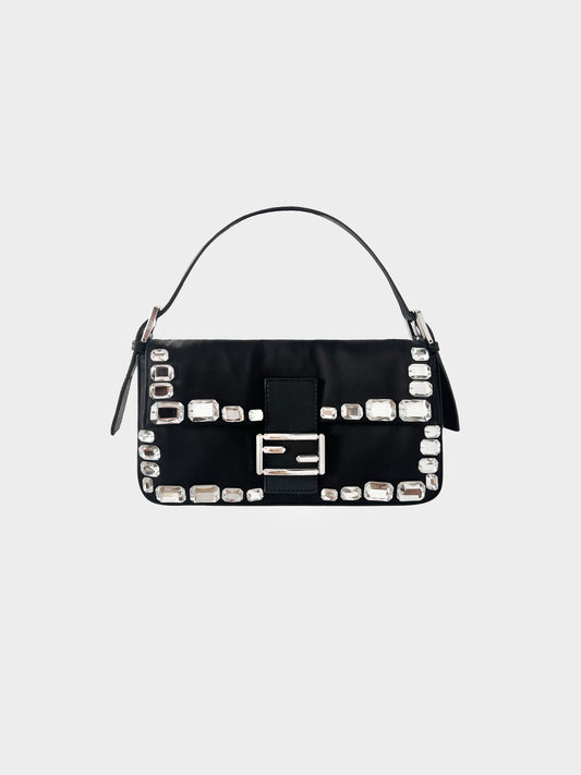 Fendi 2000s Rare Black Satin Emerald-cut Crystal Embellished Baguette Bag
