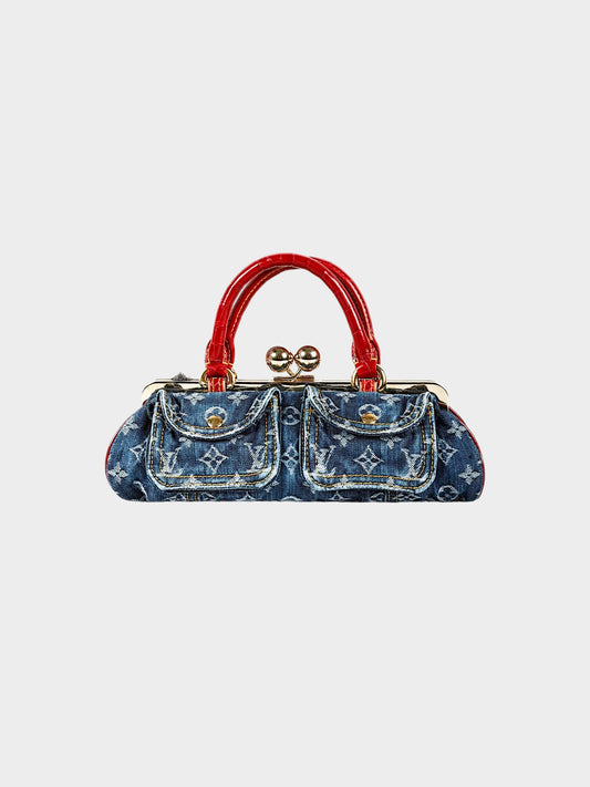 Louis Vuitton by Marc Jacobs 2005 Red Alligator Leather and Denim Monogram Sac Fermoir Bag