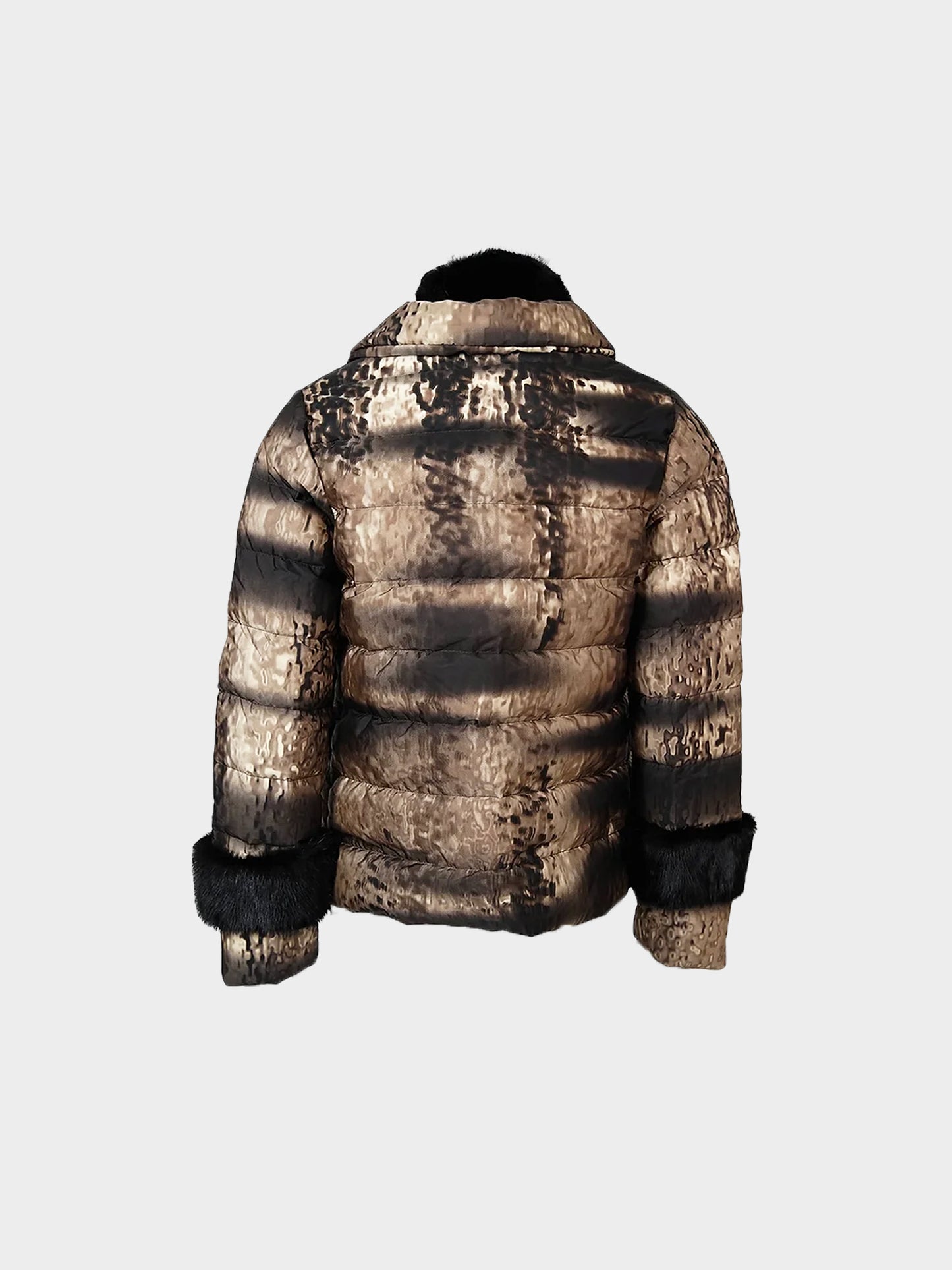 Prada FW 2004 Printed Puffer Mink Fur Trim Padded Nylon Jacket