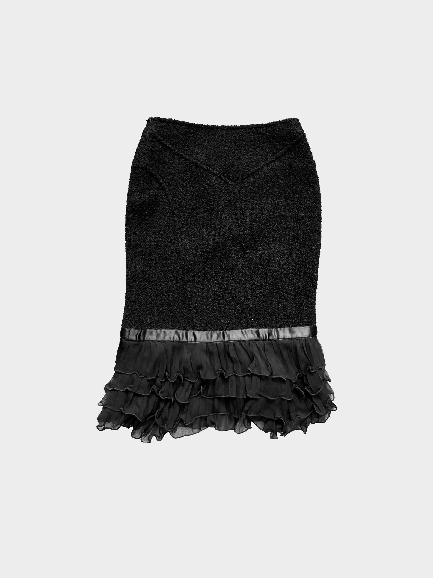 Blumarine 2000s Black Wool Bow and Ruffled Sheer Hem Pencil Skirt