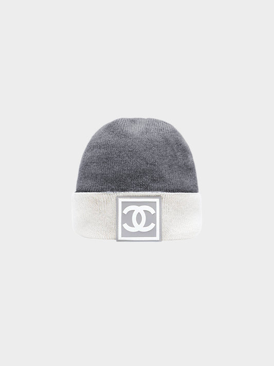 Chanel Sport 2000s Grey Wool Blend Knit Logo Beanie