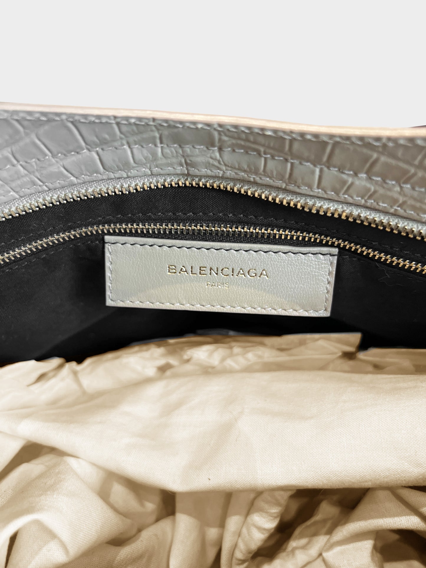 Balenciaga 2010s Beige Leather Croc Embossed Classic City Tote