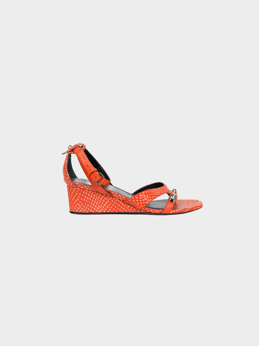 Balenciaga 2000s Orange Snakeskin-Embossed Studded Wedge Sandals