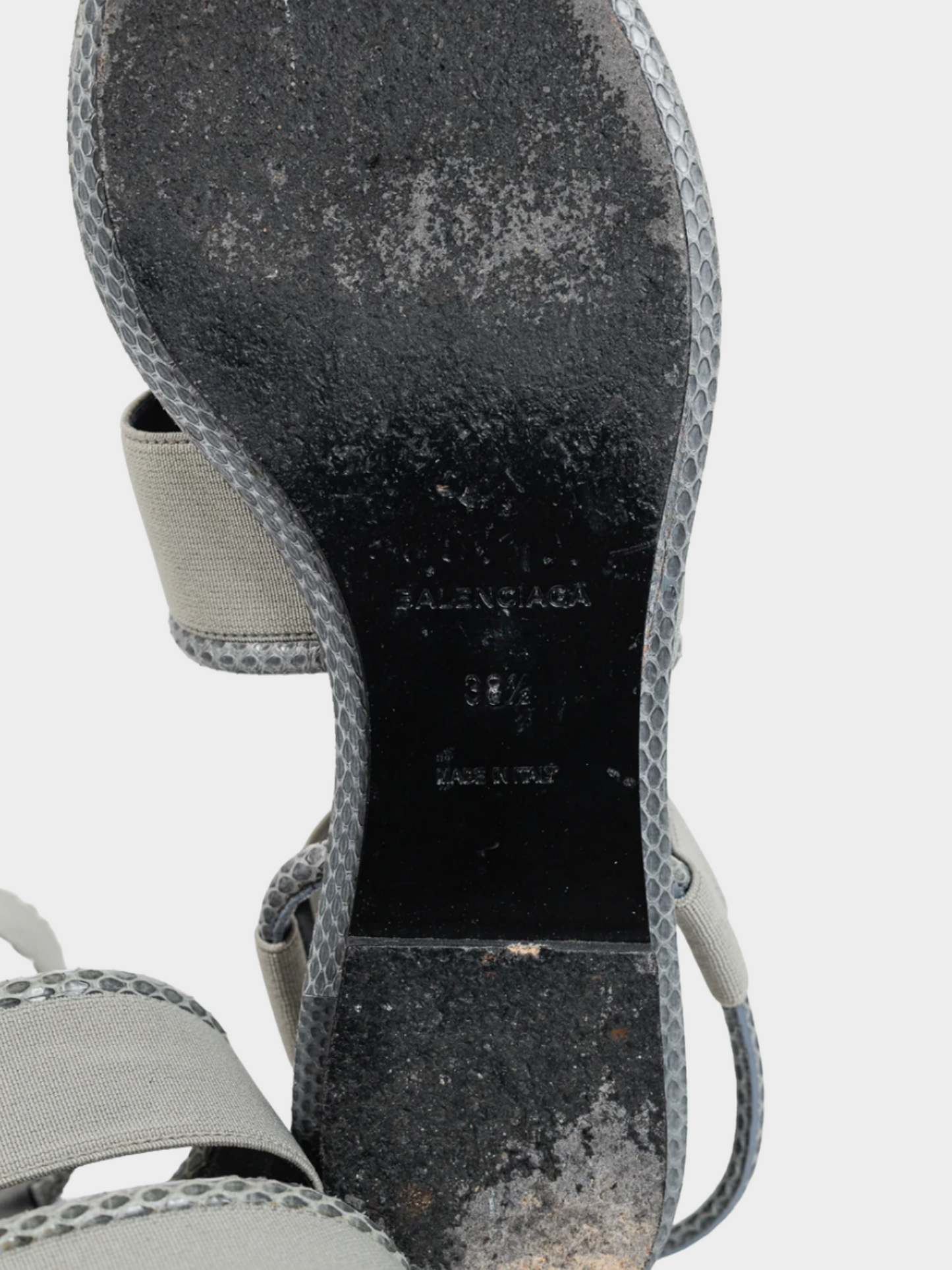 Balenciaga 2010s Grey Elastic Snakeskin-Embossed-Trim Slingback Sandals