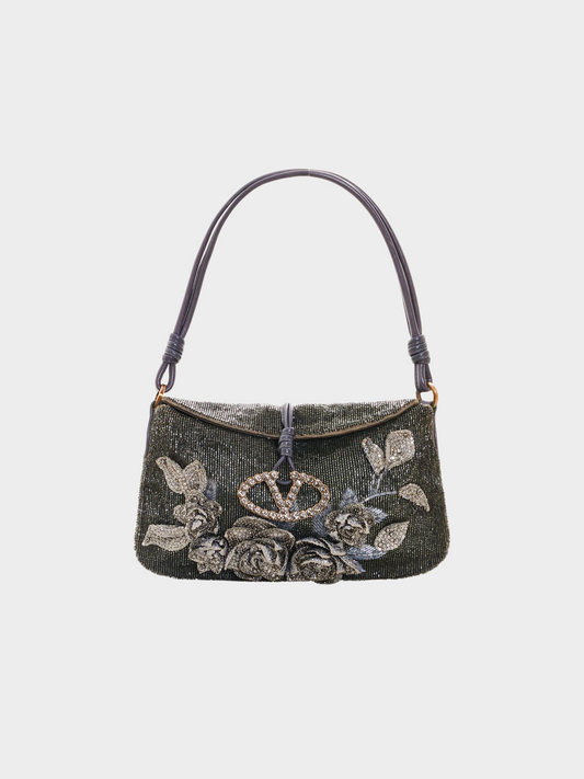 Valentino 2000s Grey Beaded and Embroidered Satin Evening Shoulder Bag
