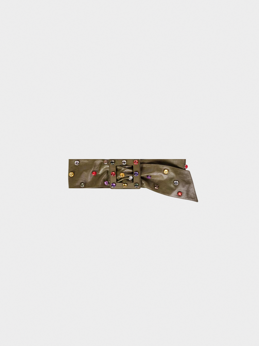 Yves Saint Laurent 1980s Olive Green Wide Leather Jewel Belt