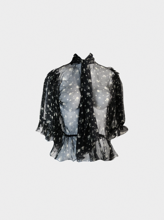 Dolce and Gabbana 2000s Black Chiffon Silk Floral Blouse