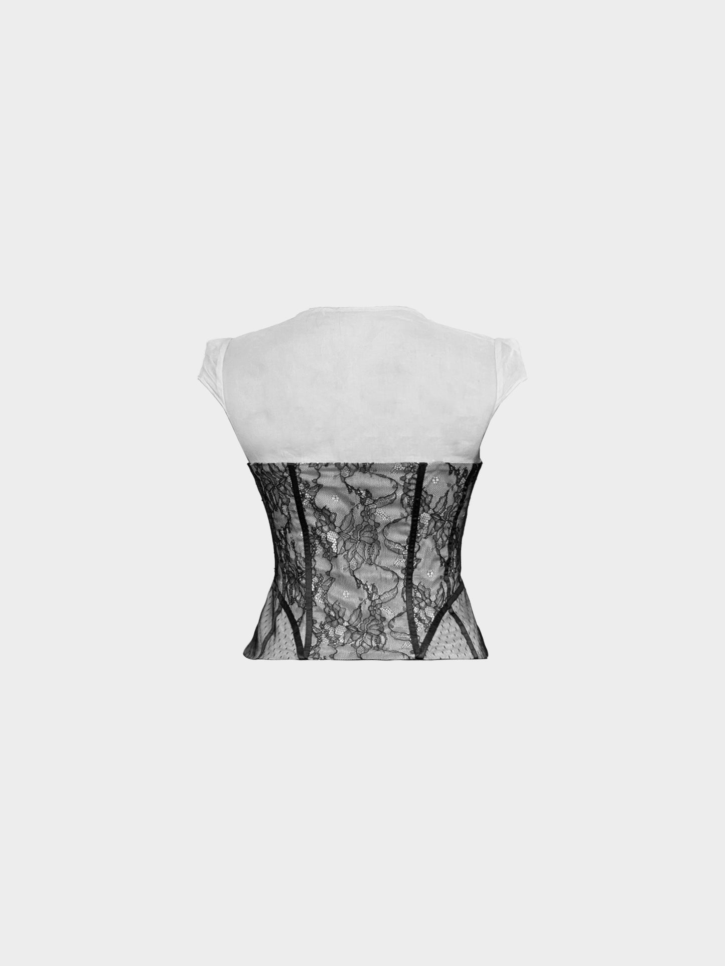 Christian Dior 2000s Black and White Peplum Lace and Mesh Corset Top