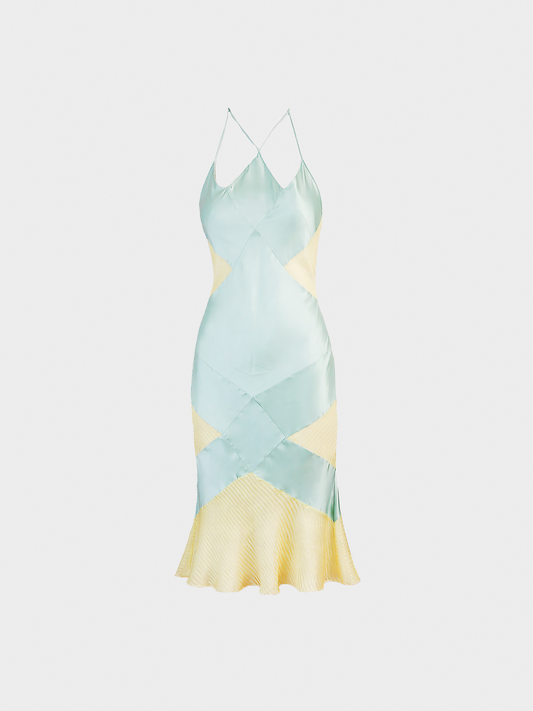 John Galliano 2000s Blue and Yellow Silk Dress