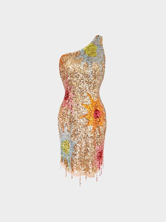 Blumarine 2000s Gold Sequin-embellished One-shoulder Asymmetrical Dress