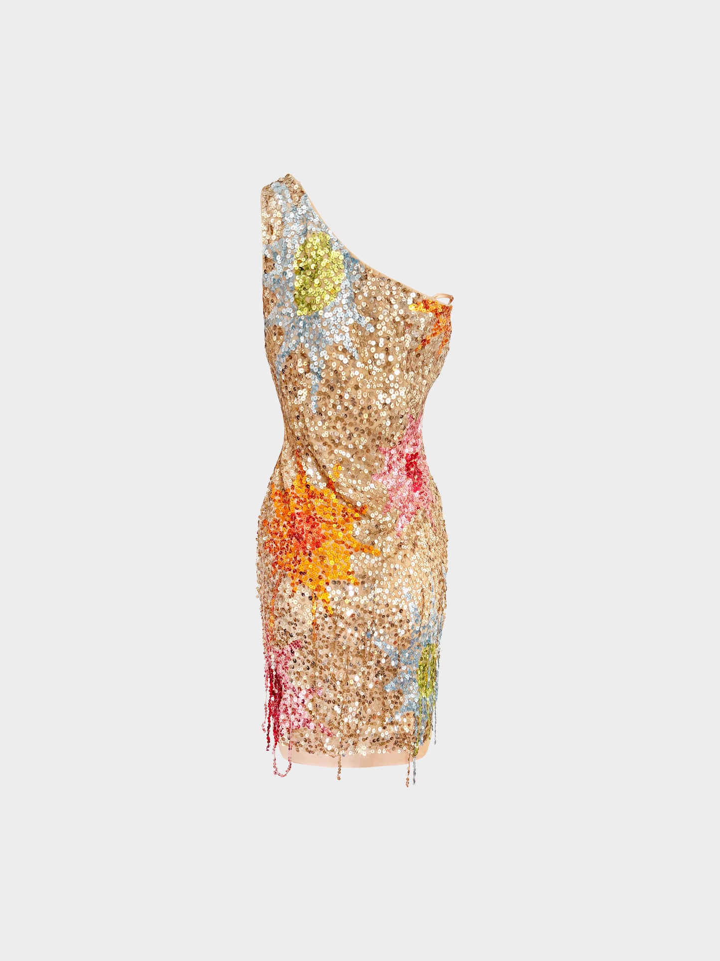 Blumarine 2000s Gold Sequin-embellished One-shoulder Asymmetrical Dress