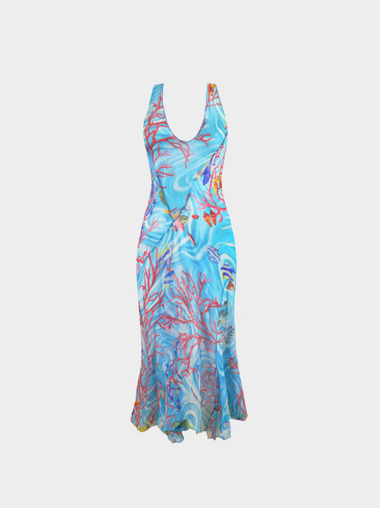 Blumarine 2000s Multicolor Sea Life Printed Maxi Dress