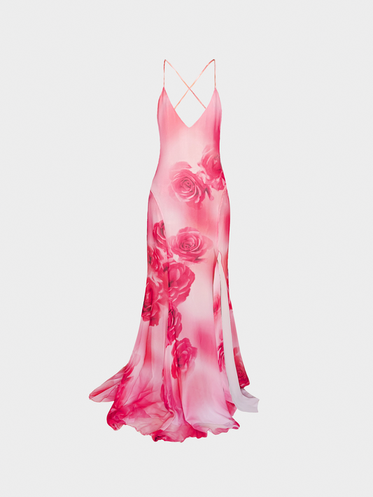 Blumarine SS 2022 Pink Rose Printed Silk Maxi Dress