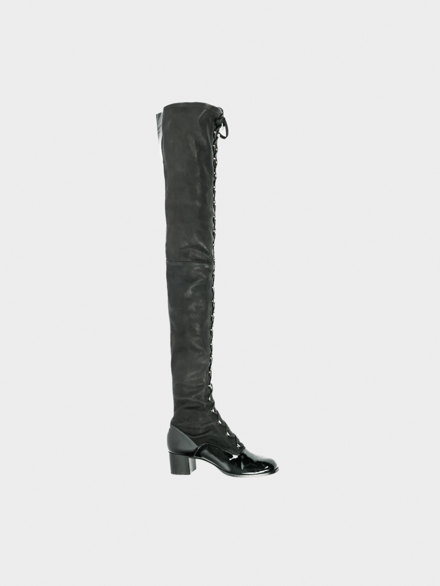 Chanel 1990s Black Thigh High Lace Up Boots
