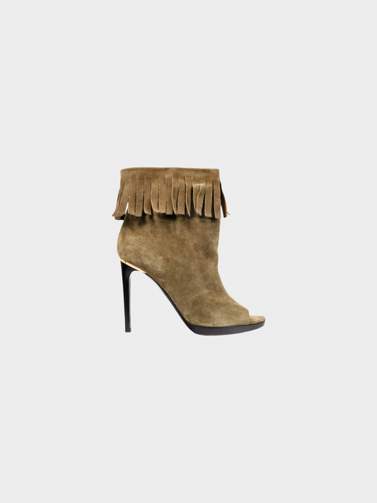 Burberry 2010s Pelling Khaki Suede Fringe Peep-Toe Booties