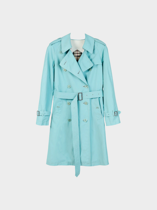 Burberry 2000s Turquoise Sateen Check-Undercollar Trench Coat
