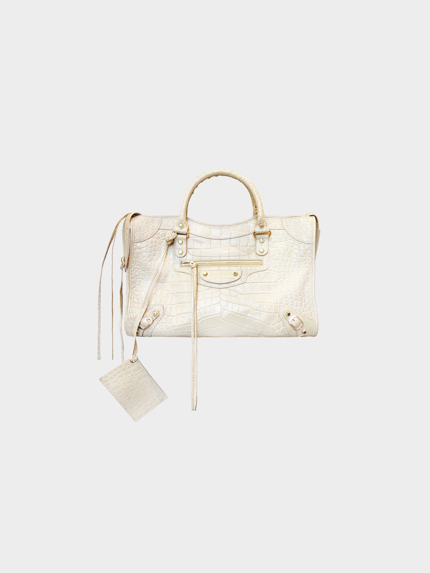 Balenciaga 2010s Beige Leather Croc Embossed Classic City Tote