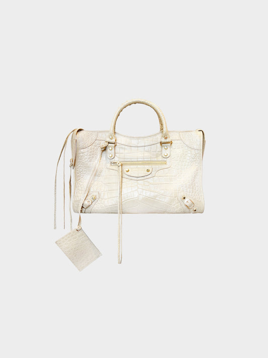 Balenciaga 2010s Beige Leather Croc Embossed Classic City Tote