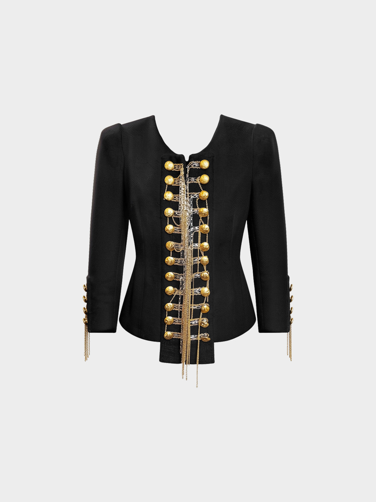 Balmain FW 2010 Black Silk Bouclé Chain-embellished Military Jacket
