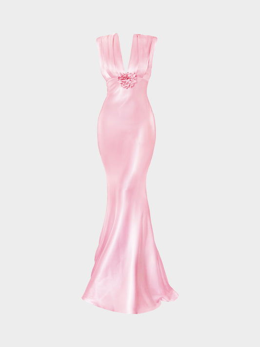 Blumarine 2000s Pink Satin Floral Detail Long Dress