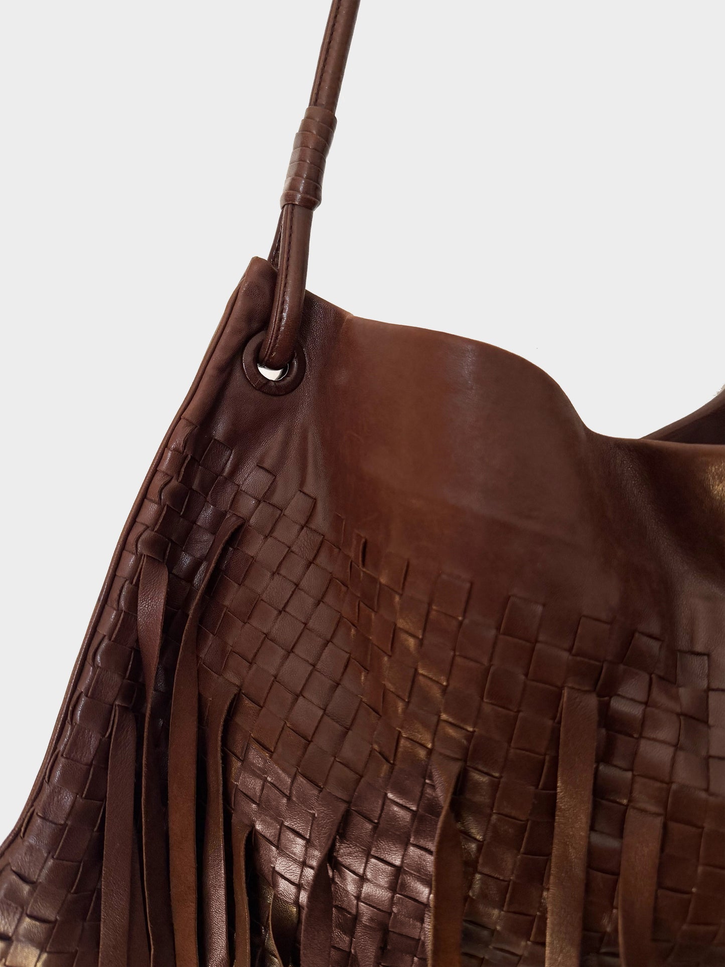 Bottega Veneta 1990s Rare Brown Calfskin Intrecciato Fringe Hobo Bag