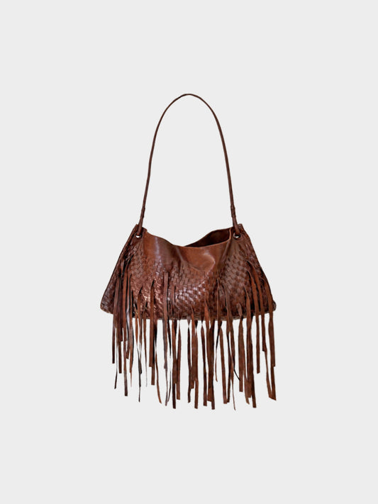 Bottega Veneta 1990s Rare Brown Calfskin Intrecciato Fringe Hobo Bag