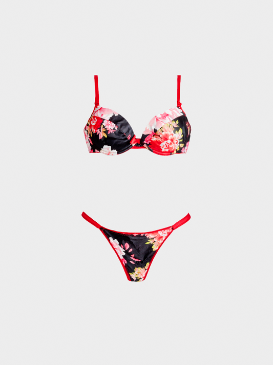 Roberto Cavalli 2000s Black Satin Floral Lingerie Set