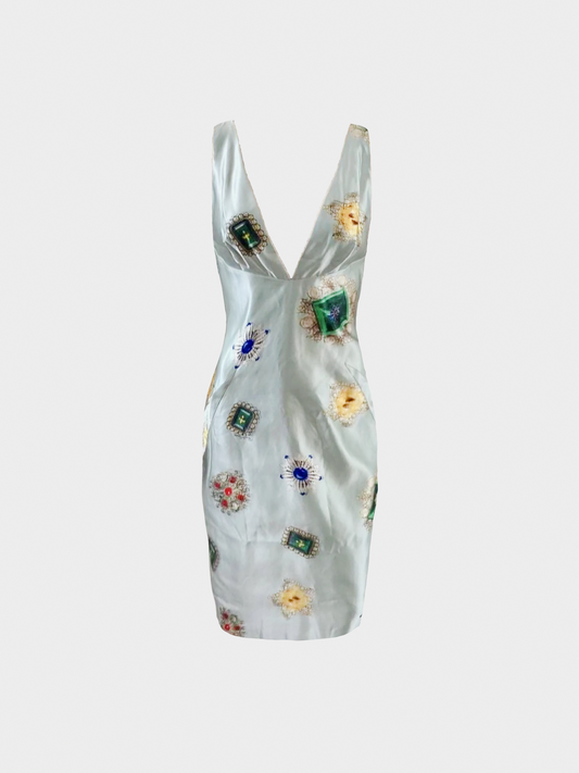 Roberto Cavalli FW 2002 Runway Light Blue Jewel Print Silk Dress